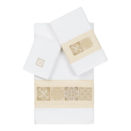 Authentic Hotel and Spa 100% Turkish Cotton Vivian 3PC Embellished Towel Set White