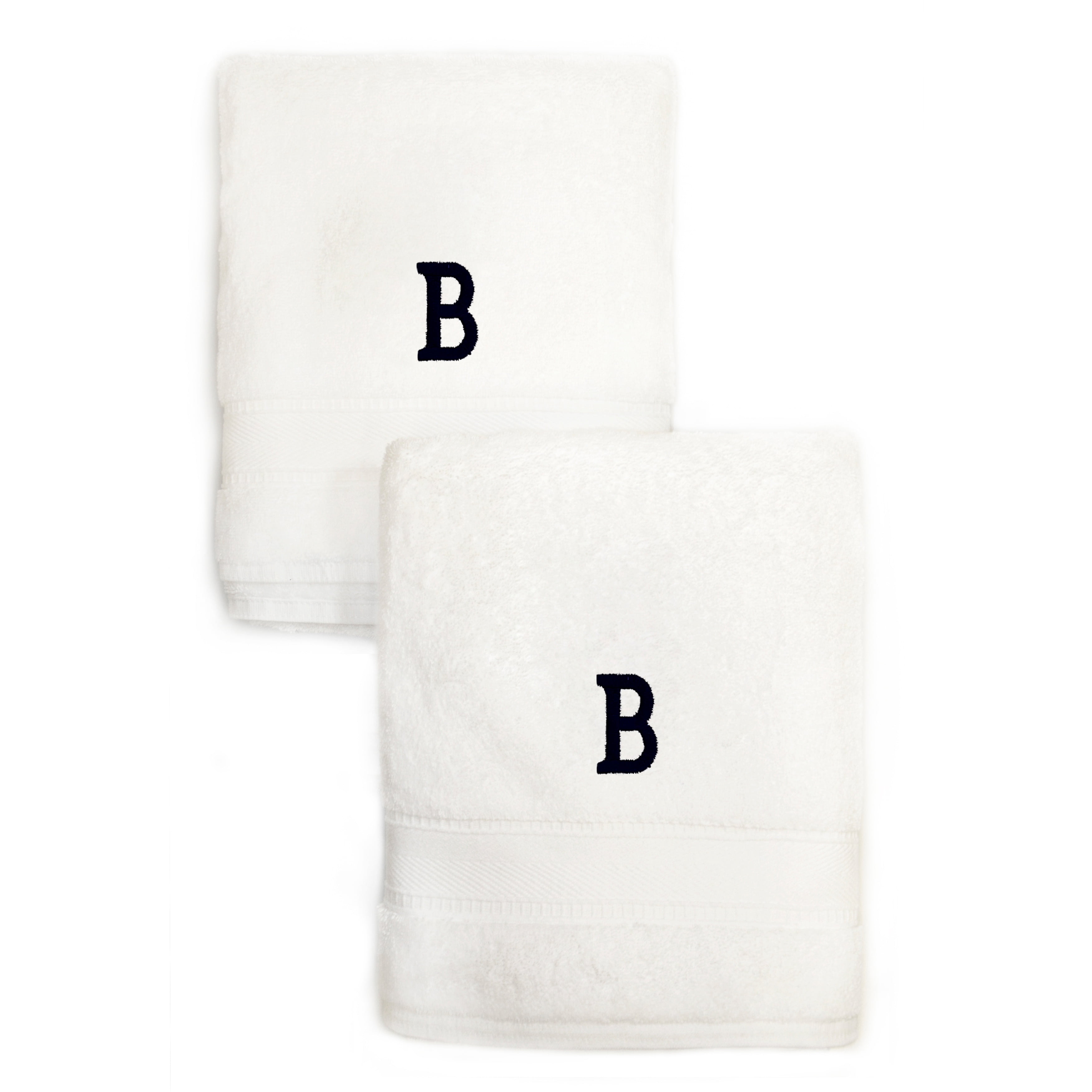 Authentic Hotel and Spa  2-piece White Turkish Cotton Hand Towels with Black Monogrammed Initial White/B