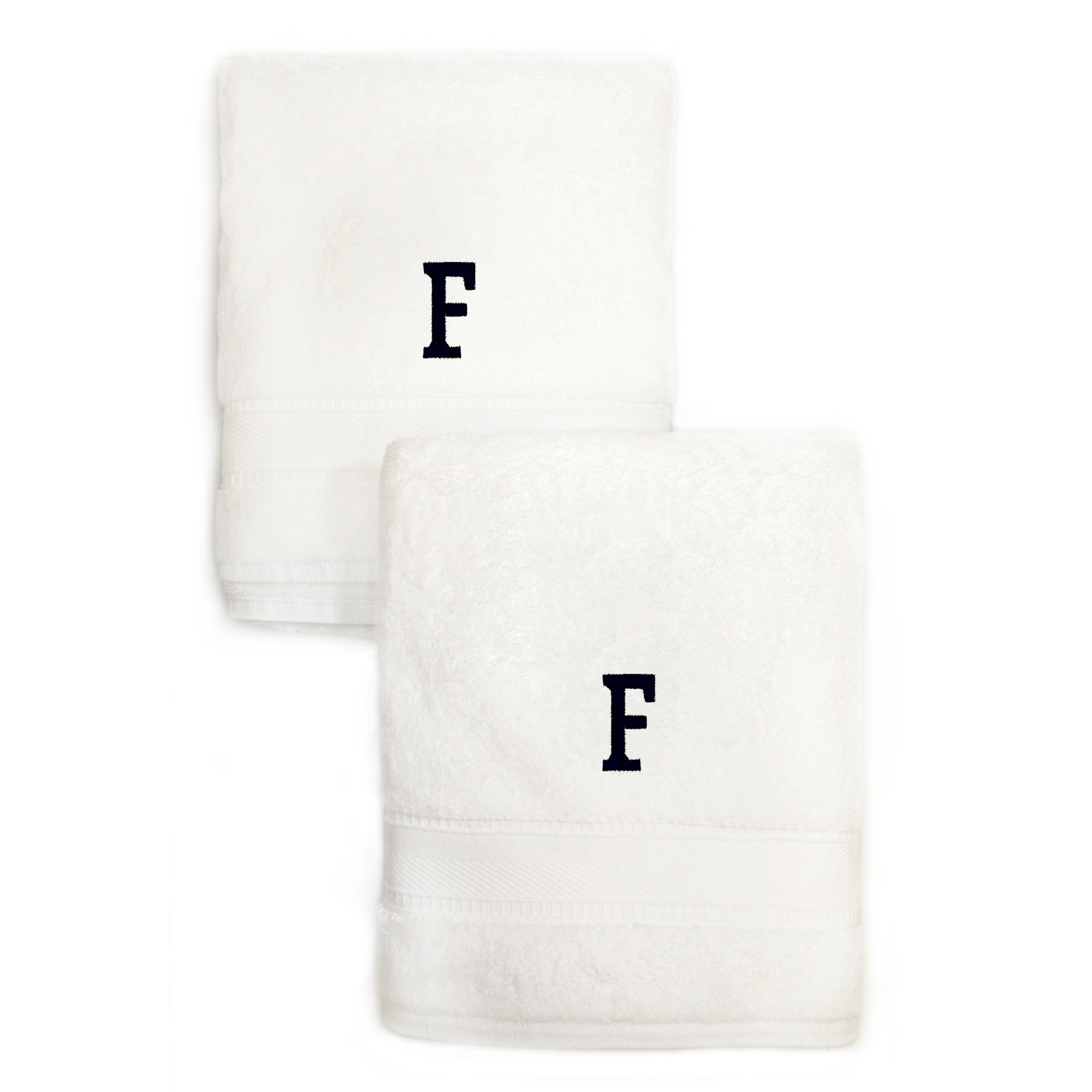 Authentic Hotel and Spa  2-piece White Turkish Cotton Hand Towels with Black Monogrammed Initial White/F