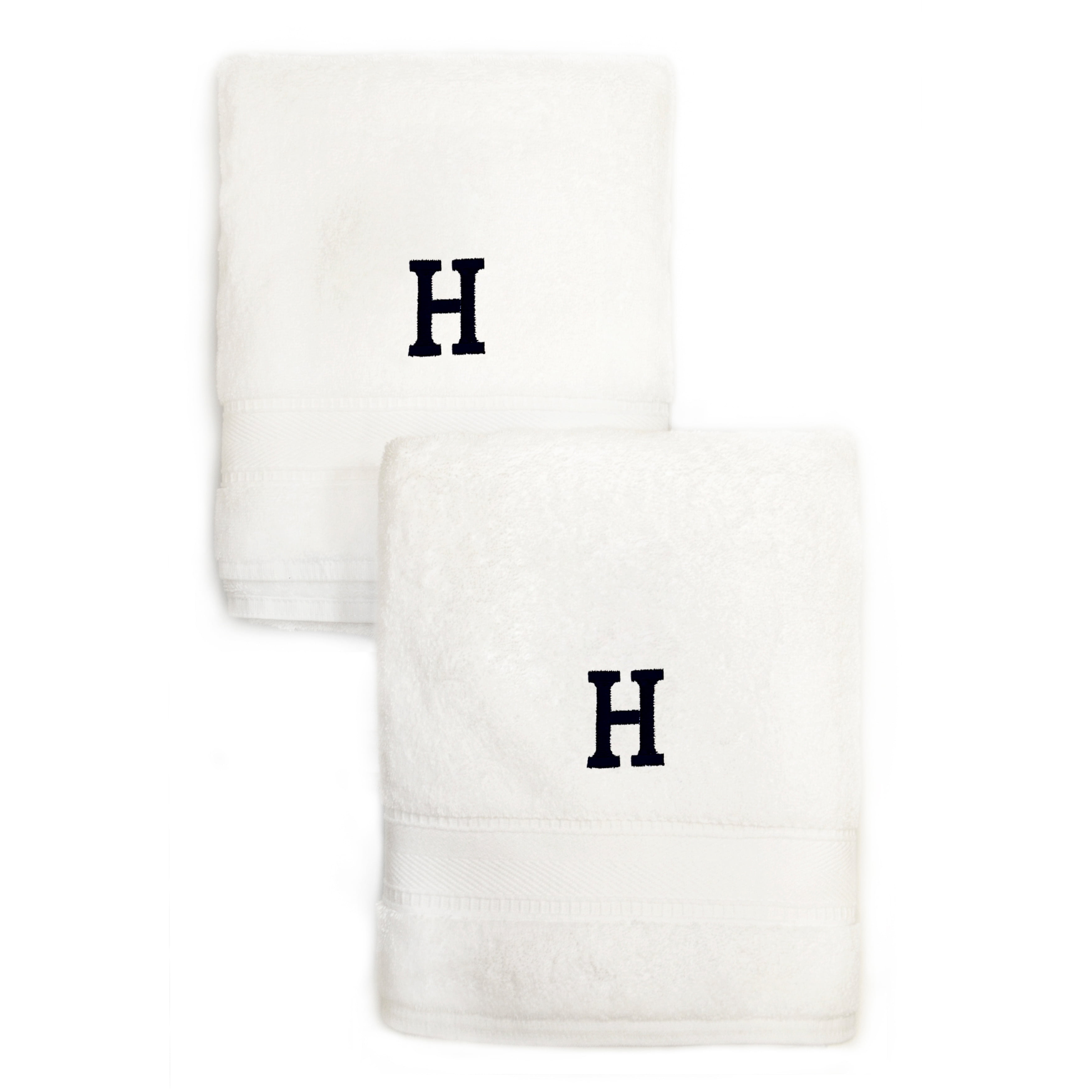 Authentic Hotel and Spa  2-piece White Turkish Cotton Hand Towels with Black Monogrammed Initial White/H
