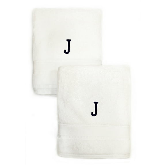 Authentic Hotel and Spa 2-piece White Turkish Cotton Hand Towels with Black Monogrammed Initial White/J
