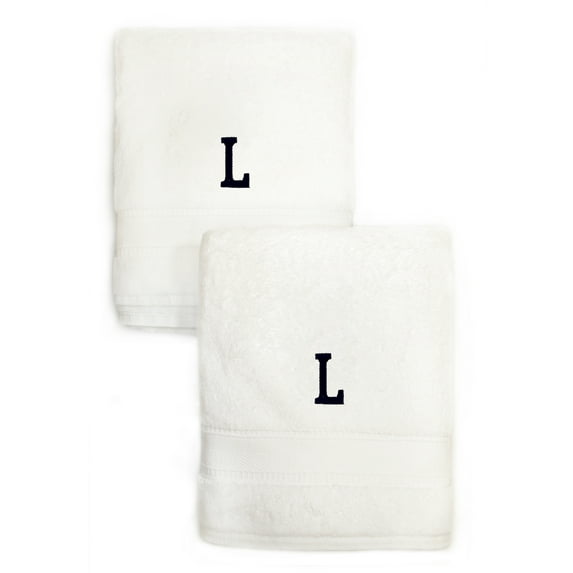 Authentic Hotel and Spa 2-piece White Turkish Cotton Hand Towels with Black Monogrammed Initial White/L