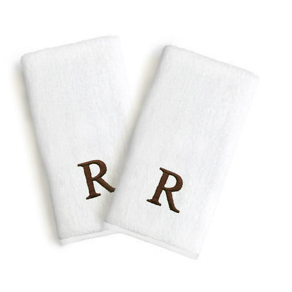 Authentic Hotel and Spa 2-piece White Turkish Cotton Hand Towels with Brown Block Monogrammed Initial White/Brown R