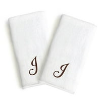 Authentic Hotel and Spa  2-piece White Turkish Cotton Hand Towels with Brown Script Monogrammed Initial White/Brown J