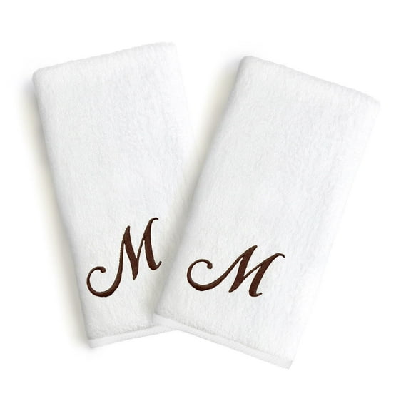 Authentic Hotel and Spa  2-piece White Turkish Cotton Hand Towels with Brown Script Monogrammed Initial White/Brown M
