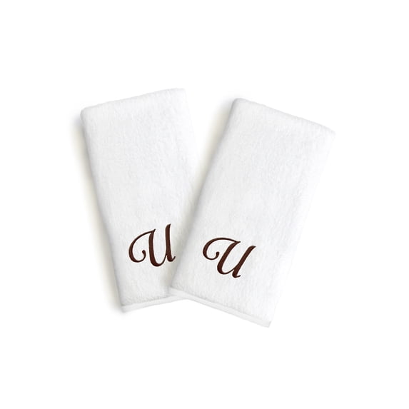 Authentic Hotel and Spa 2-piece White Turkish Cotton Hand Towels with Brown Script Monogrammed Initial White/Brown U