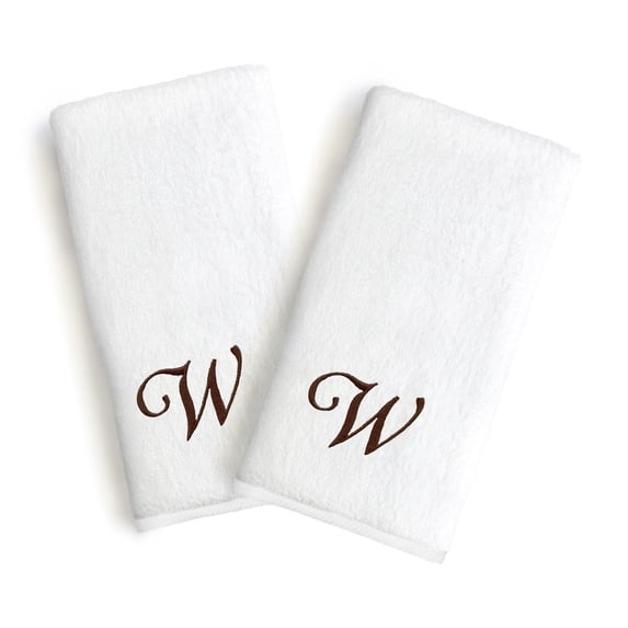 Authentic Hotel and Spa 2-piece White Turkish Cotton Hand Towels with Brown Script Monogrammed Initial White/Brown W