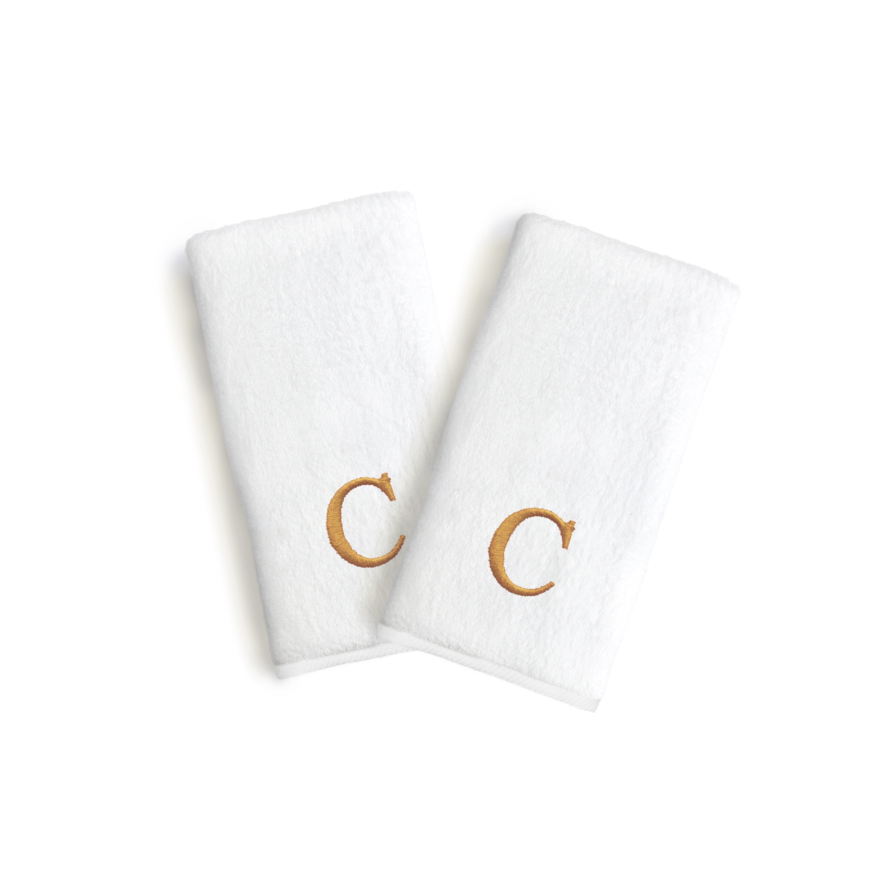 Authentic Hotel and Spa  2-piece White Turkish Cotton Hand Towels with Gold Block Monogrammed Initial White/C