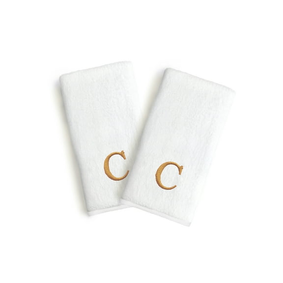 Authentic Hotel and Spa  2-piece White Turkish Cotton Hand Towels with Gold Block Monogrammed Initial White/C