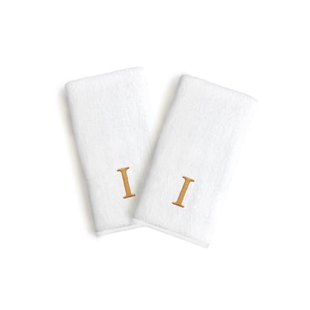 Authentic Hotel and Spa 2-piece White Turkish Cotton Hand Towels with Gold Block Monogrammed Initial White/I