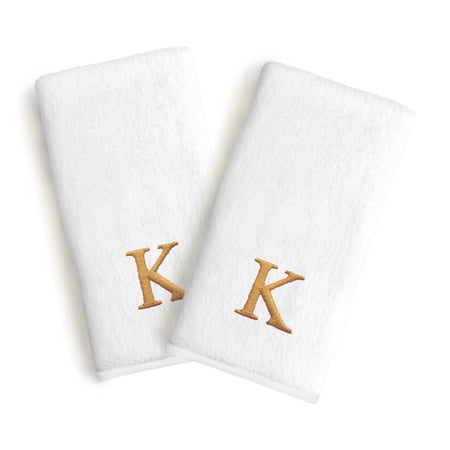 Authentic Hotel and Spa 2-piece White Turkish Cotton Hand Towels with Gold Block Monogrammed Initial White/K