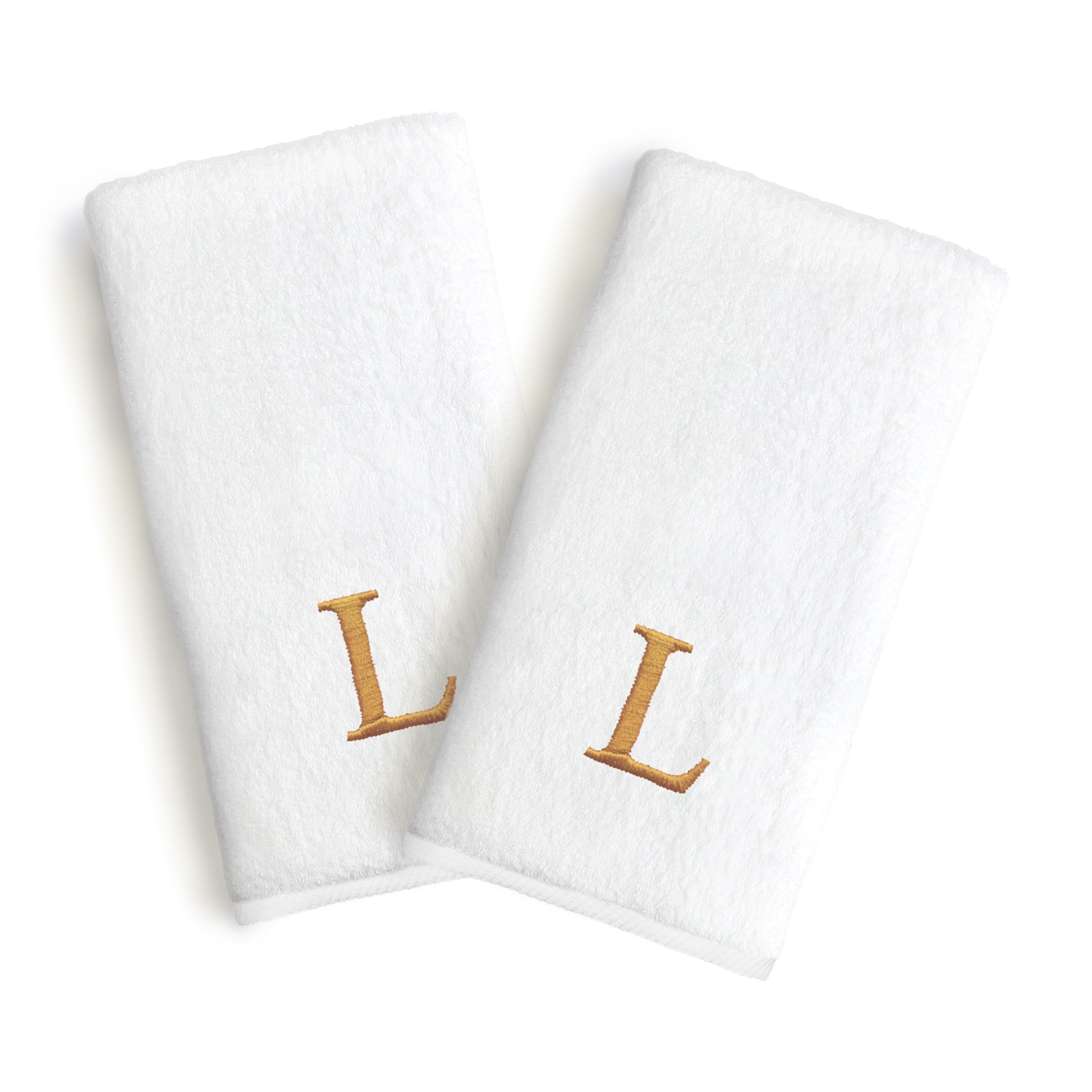 Authentic Hotel and Spa  2-piece White Turkish Cotton Hand Towels with Gold Block Monogrammed Initial White/L