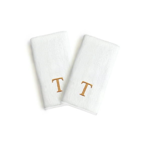 Authentic Hotel and Spa 2-piece White Turkish Cotton Hand Towels with Gold Block Monogrammed Initial White/T