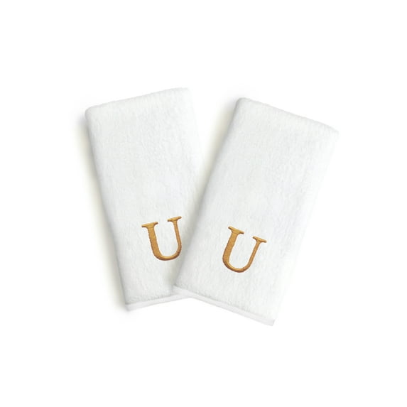 Authentic Hotel and Spa 2-piece White Turkish Cotton Hand Towels with Gold Block Monogrammed Initial White/U