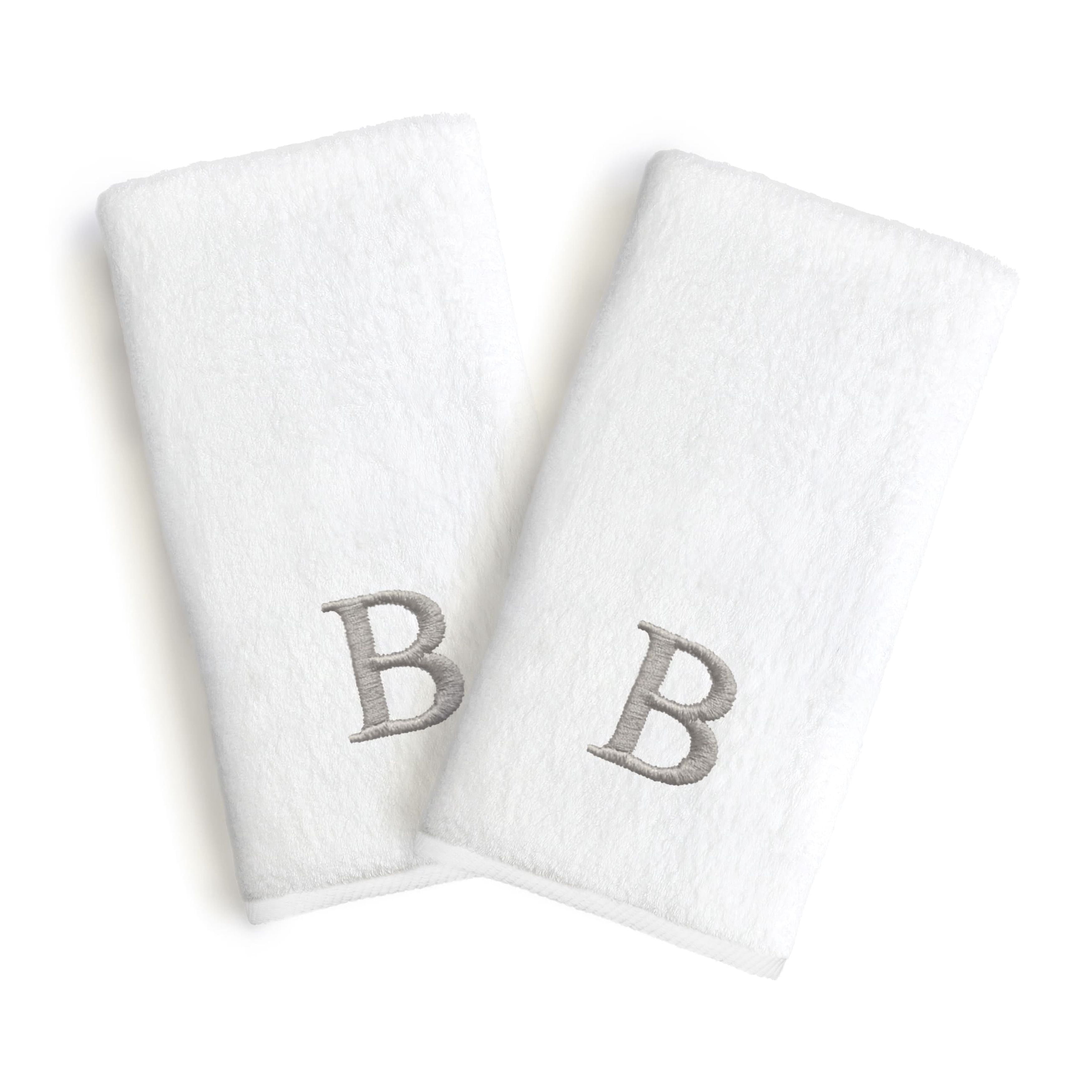 Authentic Hotel and Spa  2-piece White Turkish Cotton Hand Towels with Grey Block Monogrammed Initial White/B