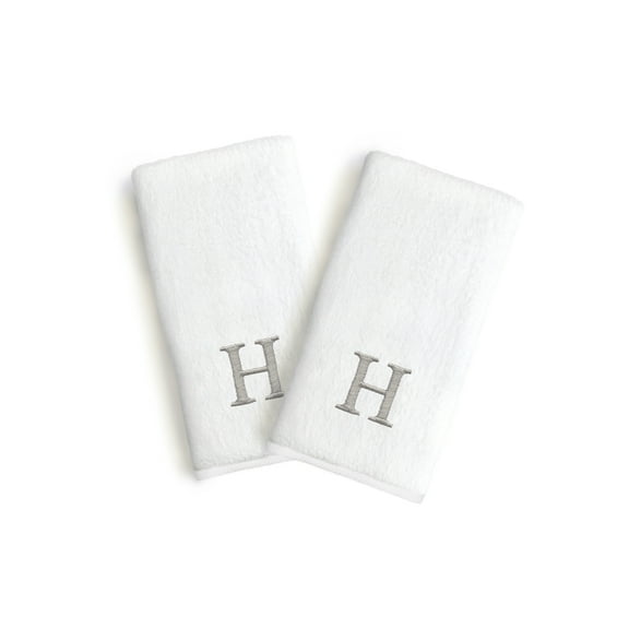 Authentic Hotel and Spa  2-piece White Turkish Cotton Hand Towels with Grey Block Monogrammed Initial White/H