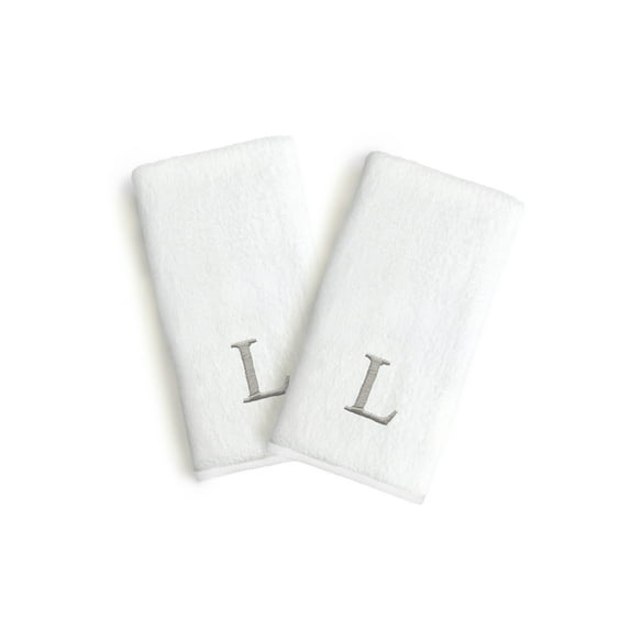 Authentic Hotel and Spa 2-piece White Turkish Cotton Hand Towels with Grey Block Monogrammed Initial White/L