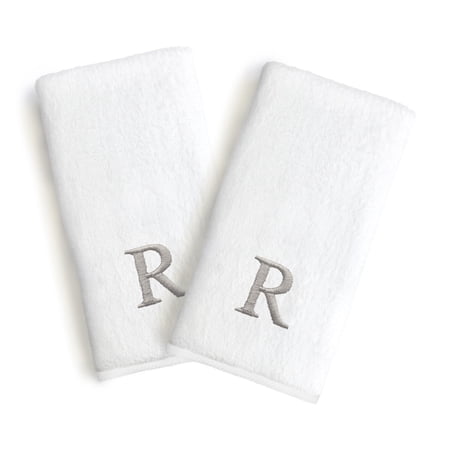 Authentic Hotel and Spa 2-piece White Turkish Cotton Hand Towels with Grey Block Monogrammed Initial White/R