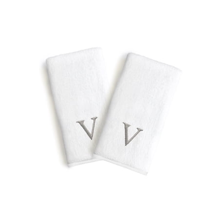 Authentic Hotel and Spa 2-piece White Turkish Cotton Hand Towels with Grey Block Monogrammed Initial White/V