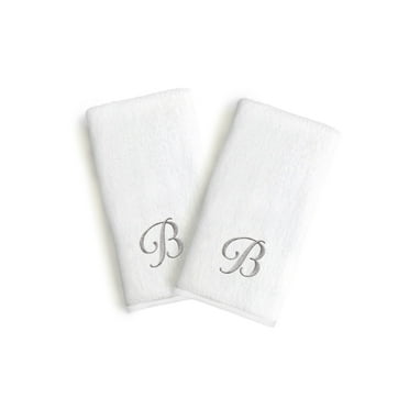 Authentic Hotel and Spa  2-piece White Turkish Cotton Hand Towels with Grey Script Monogrammed Initial