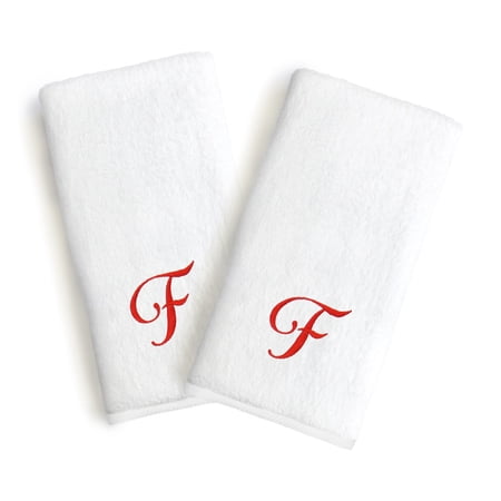 Authentic Hotel and Spa 2-piece White Turkish Cotton Hand Towels with Holiday Red Script Monogrammed Initial White/F
