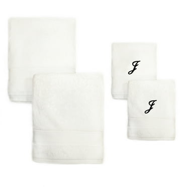 Authentic Hotel and Spa  4-piece White Turkish Cotton Towel Set with Black Monogrammed Initial Hand Towel J
