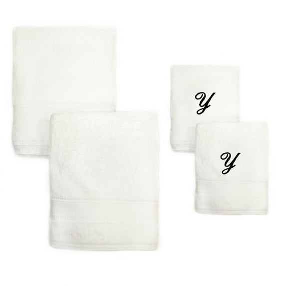 Authentic Hotel and Spa 4-piece White Turkish Cotton Towel Set with Black Monogrammed Initial Hand Towel Y