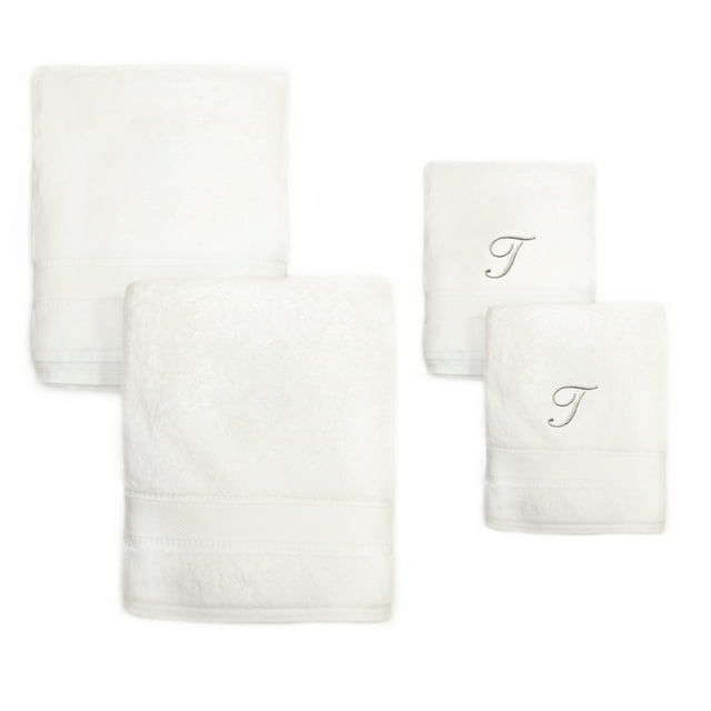 Authentic Hotel and Spa  4-piece White Turkish Cotton Towel Set with Silver Script Monogrammed Initial T