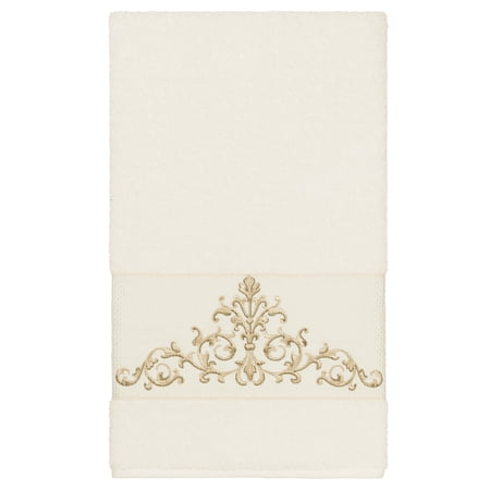 Authentic Hotel and Spa Cream Turkish Cotton Scrollwork Embroidered Bath Towel