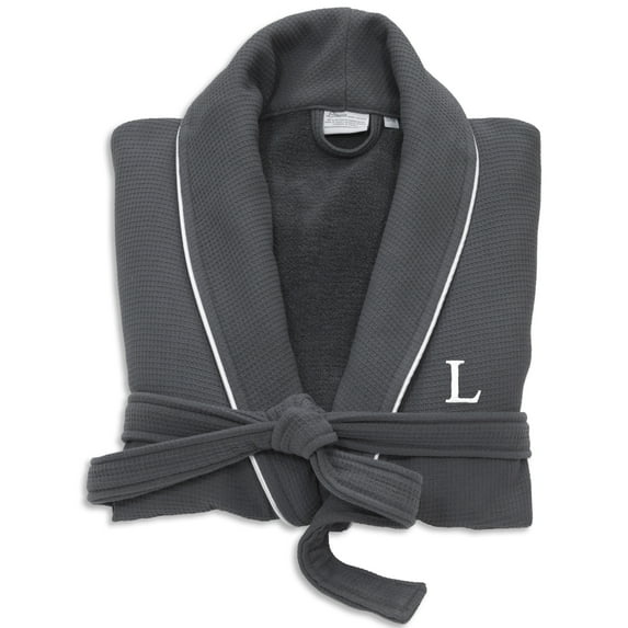 Authentic Hotel and Spa Dark Grey Unisex Turkish Cotton Waffle Weave Terry Bath Robe with White Block Monogram L L/XL
