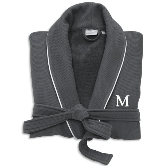 Authentic Hotel and Spa Dark Grey Unisex Turkish Cotton Waffle Weave Terry Bath Robe with White Block Monogram M S/M
