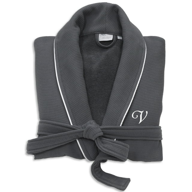 Authentic Hotel and Spa  Dark Grey Unisex Turkish Cotton Waffle Weave Terry Bath Robe with White Script Monogram V Large/XL