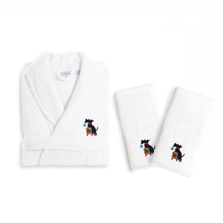 Authentic Hotel and Spa Holiday Scottie Dog Terry Cloth Turkish Cotton Bath Robe and Hand Towel Set (Set of 3) S/M