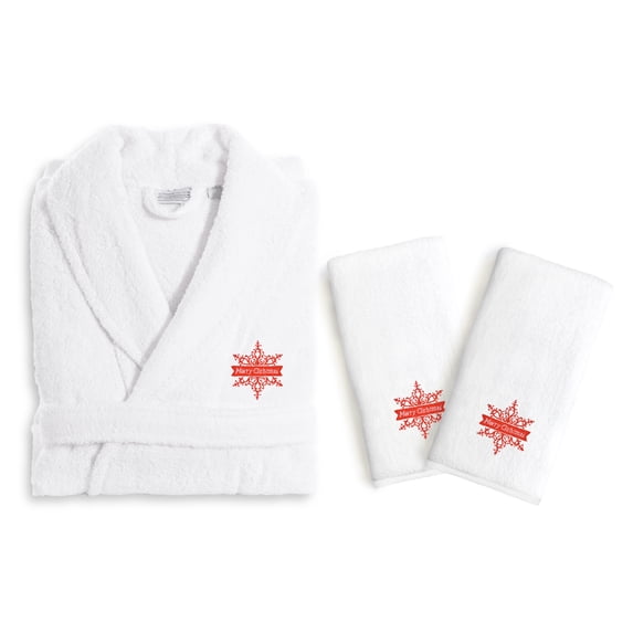 Authentic Hotel and Spa Merry Christmas Holiday Terry Cloth Turkish Cotton Bath Robe and Hand Towel Set (Set of 3) S/M