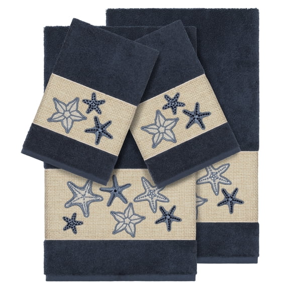 Authentic Hotel and Spa Midnight Blue Turkish Cotton Starfish Embroidered 4 piece Towel Set