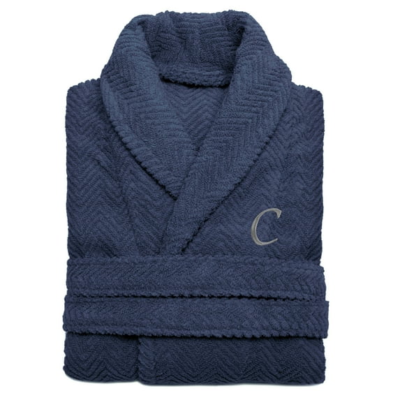 Authentic Hotel and Spa Midnight Blue with Grey Monogrammed Herringbone Weave Turkish Cotton Unisex Bath Robe C L/XL