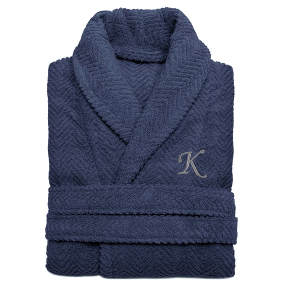 Authentic Hotel and Spa Midnight Blue with Grey Monogrammed Herringbone Weave Turkish Cotton Unisex Bath Robe K L/XL