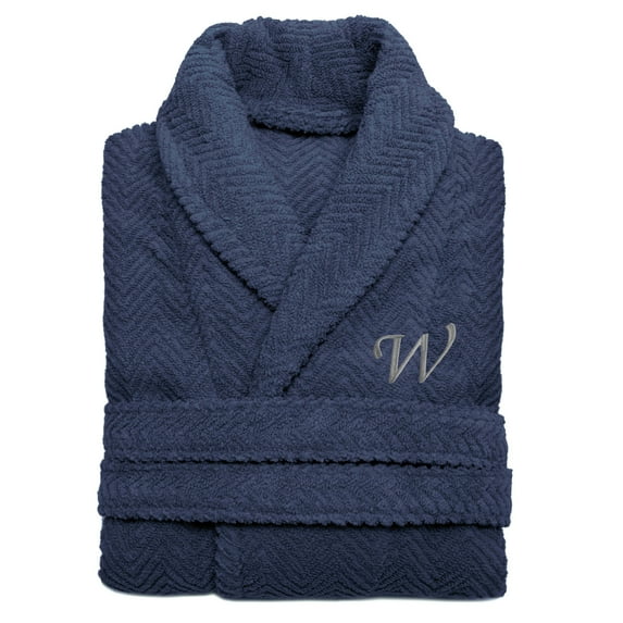 Authentic Hotel and Spa Midnight Blue with Grey Monogrammed Herringbone Weave Turkish Cotton Unisex Bath Robe W S/M