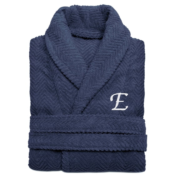 Authentic Hotel and Spa Midnight Blue with White Monogrammed Herringbone Weave Turkish Cotton Unisex Bath Robe E S/M