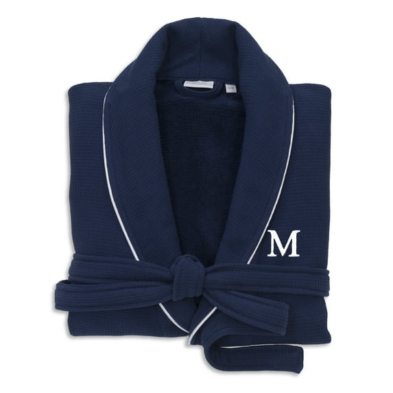 Authentic Hotel and Spa Navy Blue Unisex Turkish Cotton Waffle Weave Terry Bath Robe with White Block Monogram M S/M