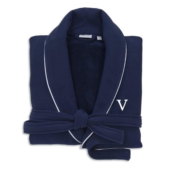 Authentic Hotel and Spa Navy Blue Unisex Turkish Cotton Waffle Weave Terry Bath Robe with White Block Monogram V L/XL
