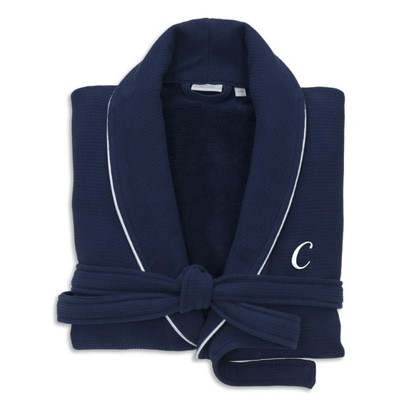 Authentic Hotel and Spa Navy Blue Unisex Turkish Cotton Waffle Weave Terry Bath Robe with White Script Monogram C S/M
