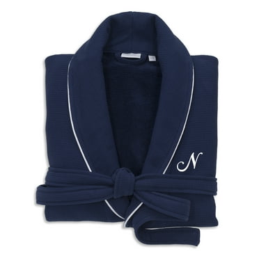 Authentic Hotel and Spa  Navy Blue Unisex Turkish Cotton Waffle Weave Terry Bath Robe with White Script Monogram N S/M