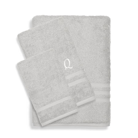 Authentic Hotel and Spa Omni Turkish Cotton Terry 3-piece Grey Bath Towel Set with White Script Monogrammed Initial Q