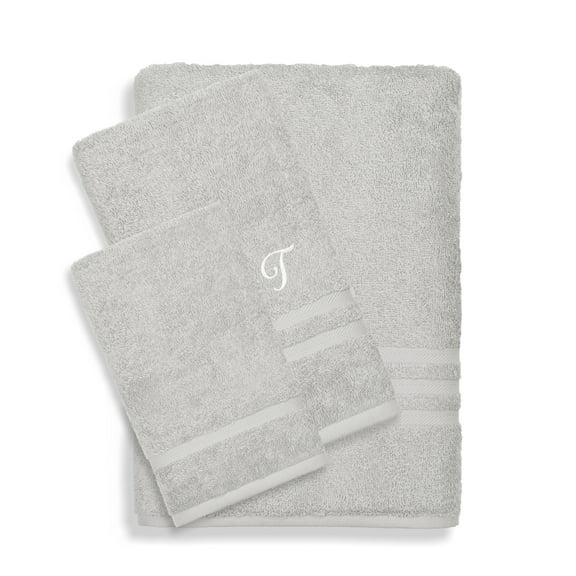 Authentic Hotel and Spa Omni Turkish Cotton Terry 3-piece Grey Bath Towel Set with White Script Monogrammed Initial T