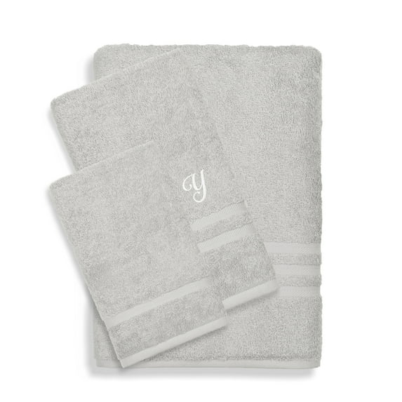 Authentic Hotel and Spa Omni Turkish Cotton Terry 3-piece Grey Bath Towel Set with White Script Monogrammed Initial Y