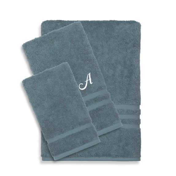 Authentic Hotel and Spa Omni Turkish Cotton Terry 3-piece Medium Blue Bath Towel Set with White Script Monogrammed Initial Blue/A
