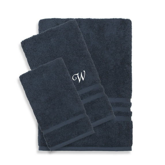 Authentic Hotel and Spa Omni Turkish Cotton Terry 3-piece Navy Blue Bath Towel Set with White Script Monogrammed Initial W