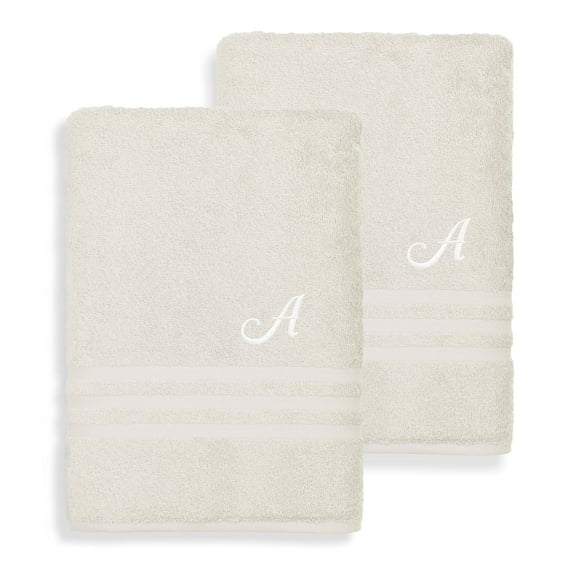 Authentic Hotel and Spa Omni Turkish Cotton Terry Set of 2 Cream Bath Towels with White Script Monogrammed Initial A