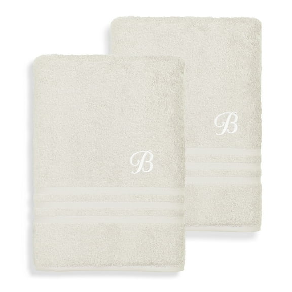 Authentic Hotel and Spa  Omni Turkish Cotton Terry Set of 2 Cream Bath Towels with White Script Monogrammed Initial B